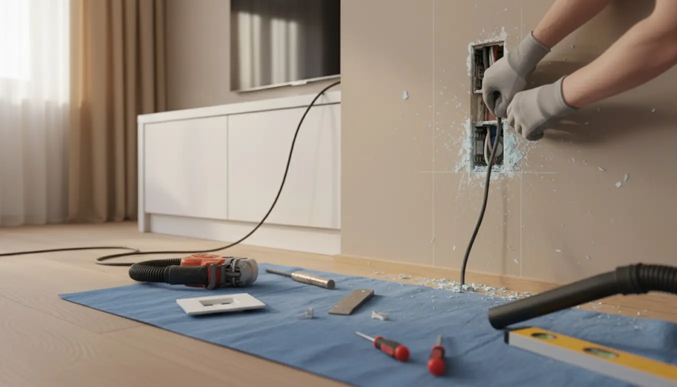Nærbillede af hænder, der trækker elektriske kabler ind i en rille i væggen under installation af nye stikkontakter.
