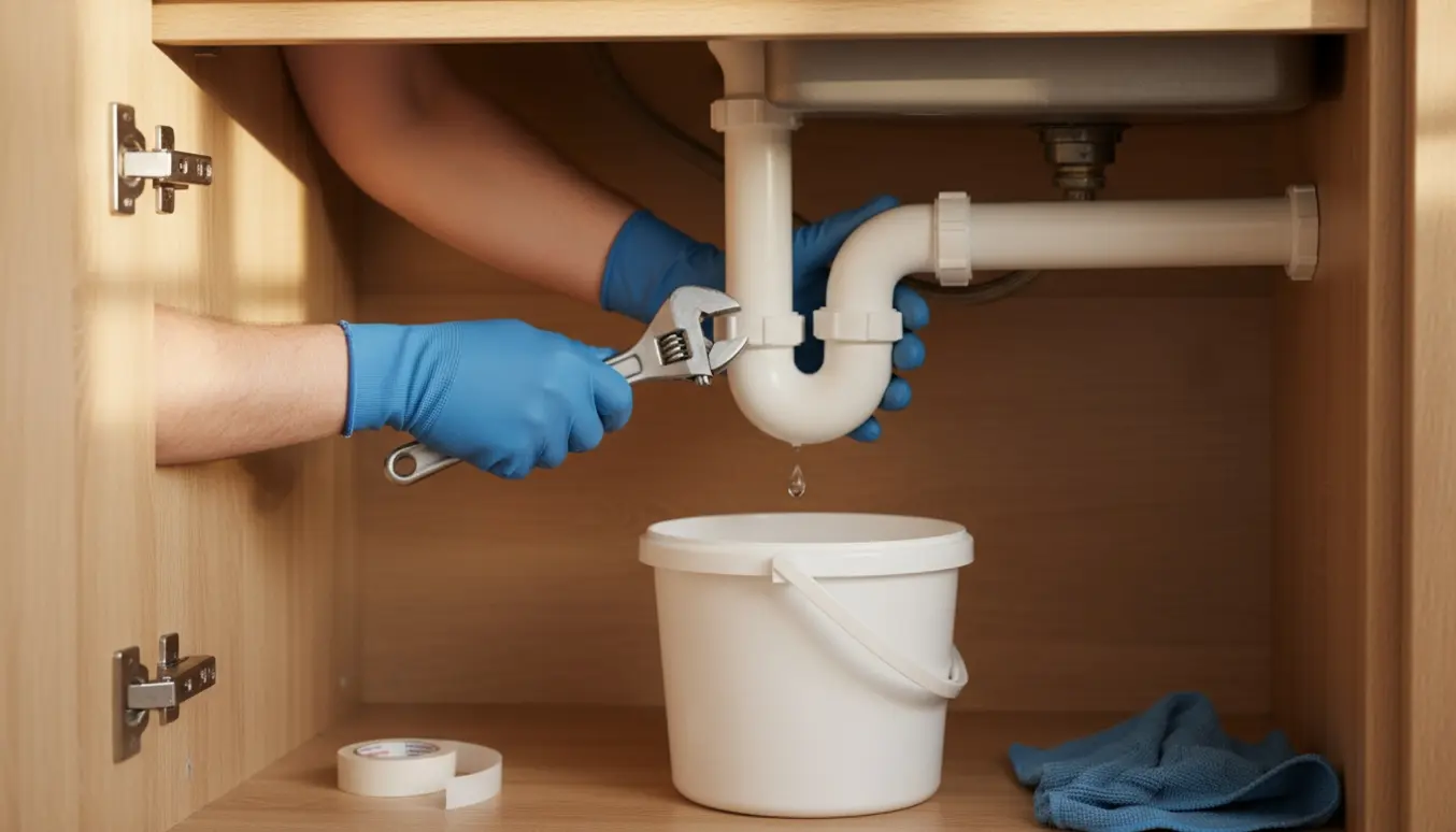 Nærbillede af en VVS'er, der udskifter en utæt plastikafløbsbøjning under et køkkenvask med skruenøgle og spand.