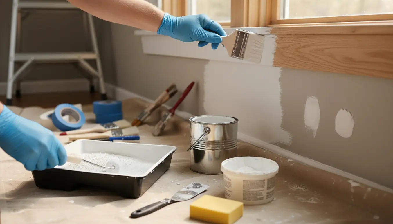 Indendørs billede af et rum under maling med delvist malet vindueskarm og malerværktøj.