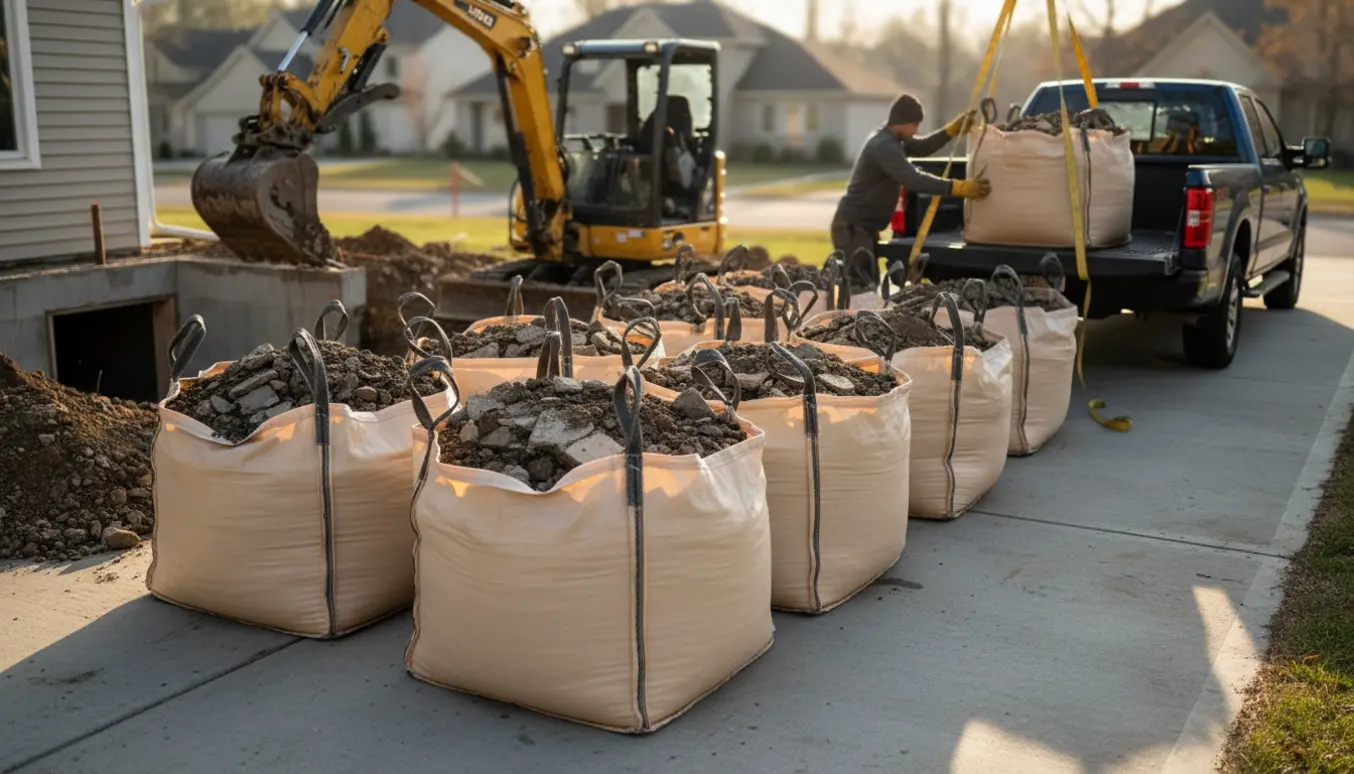 Ti store bigbags med jord og beton på indkørsel klar til afhentning.