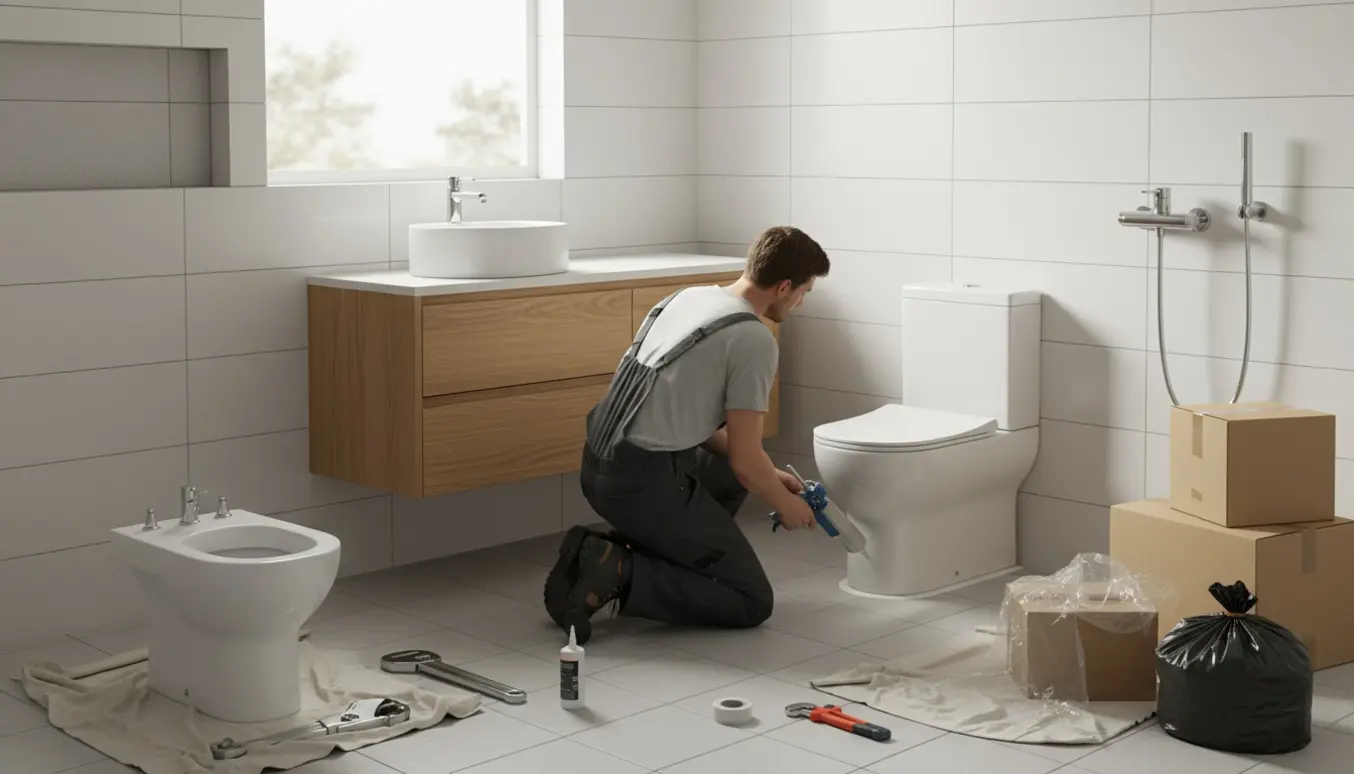 En VVS'er uden synligt ansigt installerer nyt gulvtoilet og bademøbel i et lyst, moderne badeværelse med værktøj og emballage klar.