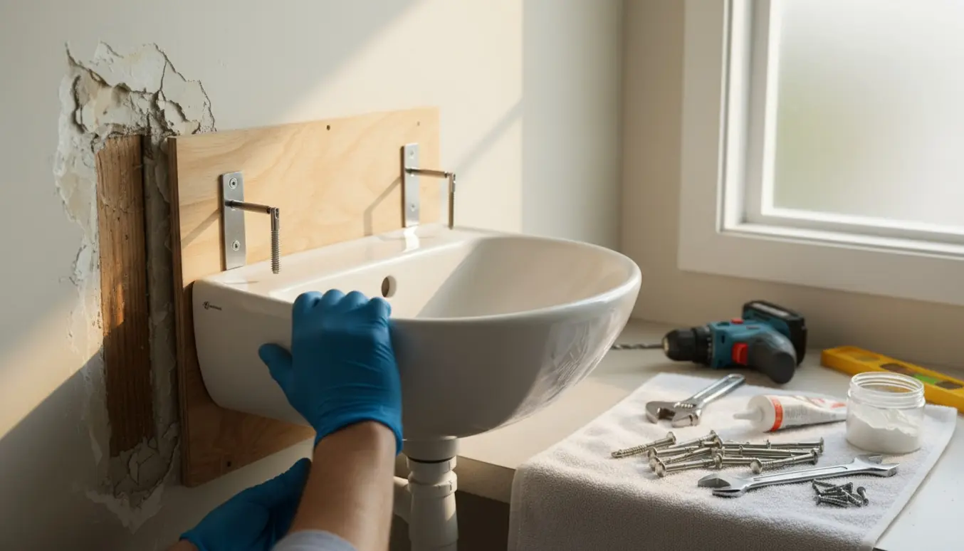 Nærbillede af reparation af en væghængt håndvask med synligt beskadiget væg og håndværktøj.