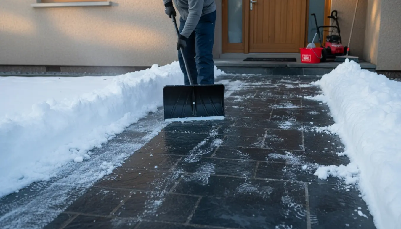 En person rydder sne fra en flisebelagt indkørsel og gang til hoveddøren med en sneskovl.
