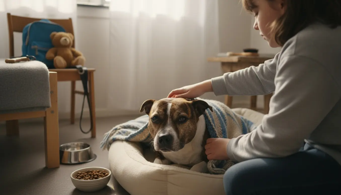 En rolig Staffie ligger på en blød hundeseng i et solbeskinnet krisecenterværelse, mens et barn kæler for den.