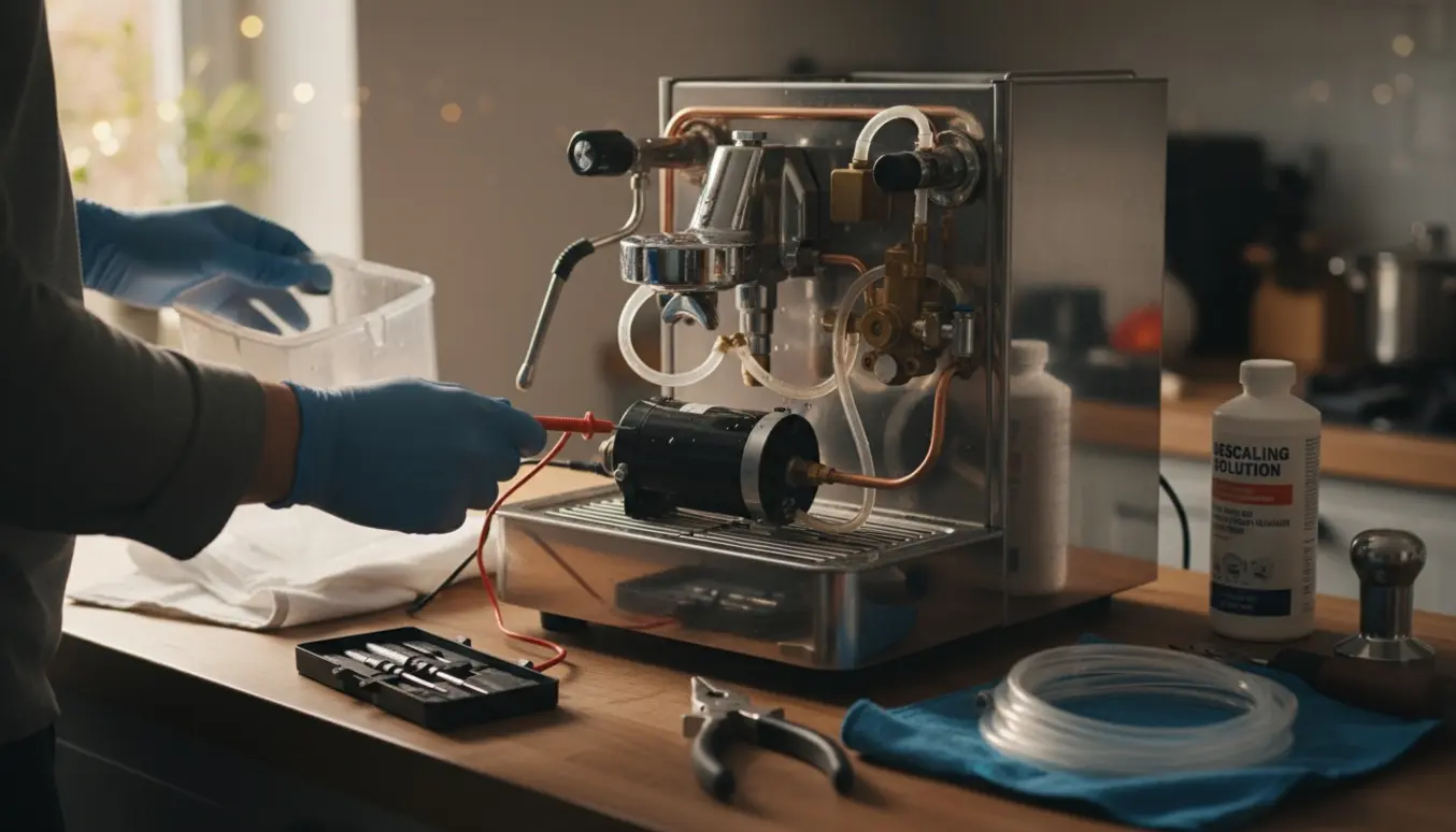 En åben espressomaskine på et køkkenbord med værktøj og hænder, mens pumpen og vandtilslutninger testes.