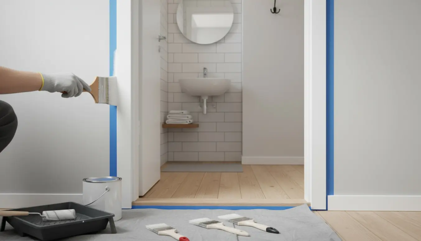 Hænder maler hvide vægge i et lille badeværelse og en smal entre med malertape, pensler og malerbøtte.