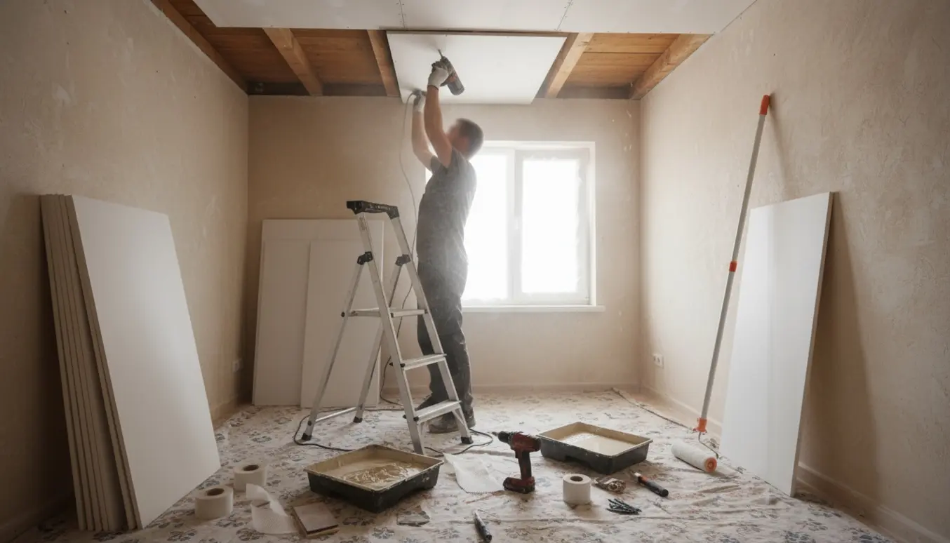 Håndværker monterer ny loftgips i et lille værelse med værktøj og malerudstyr i forgrunden.
