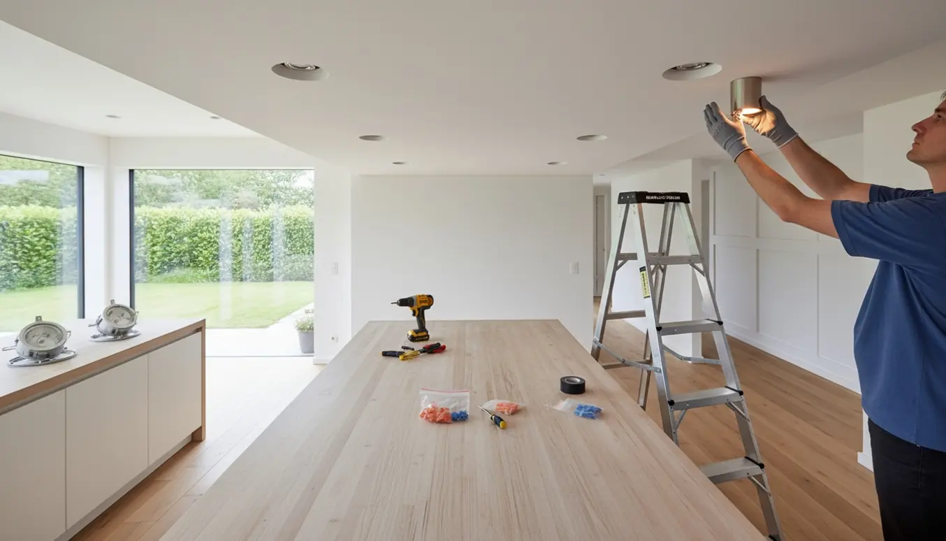 Fire LED-spots monteres under køkkenloftet over en køkkenø med værktøj og stige.