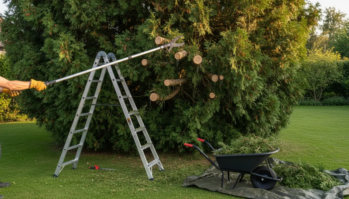 Hænder i handsker beskærer en høj thuja med forlængersav, og afklippede grene ligger i en trillebør.