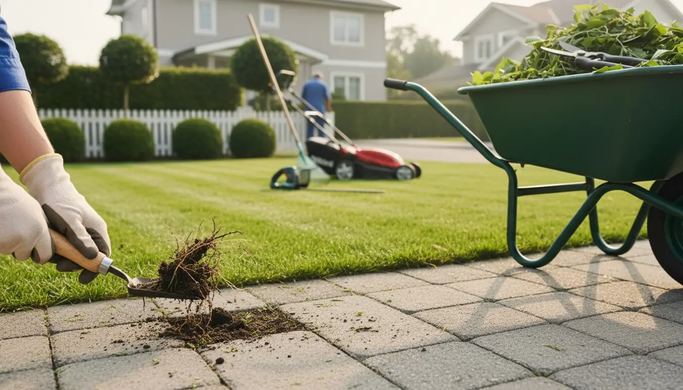 Nærbillede af hænder, der fjerner ukrudt mellem fliser med nyslået græs og klippet hæk i baggrunden.