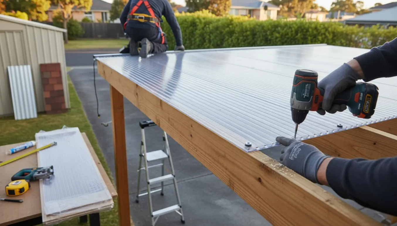 Nærbillede af hænder der monterer klart plasttagpanel på carportens træramme i en forstadshave med værktøj og materialer ved siden af.