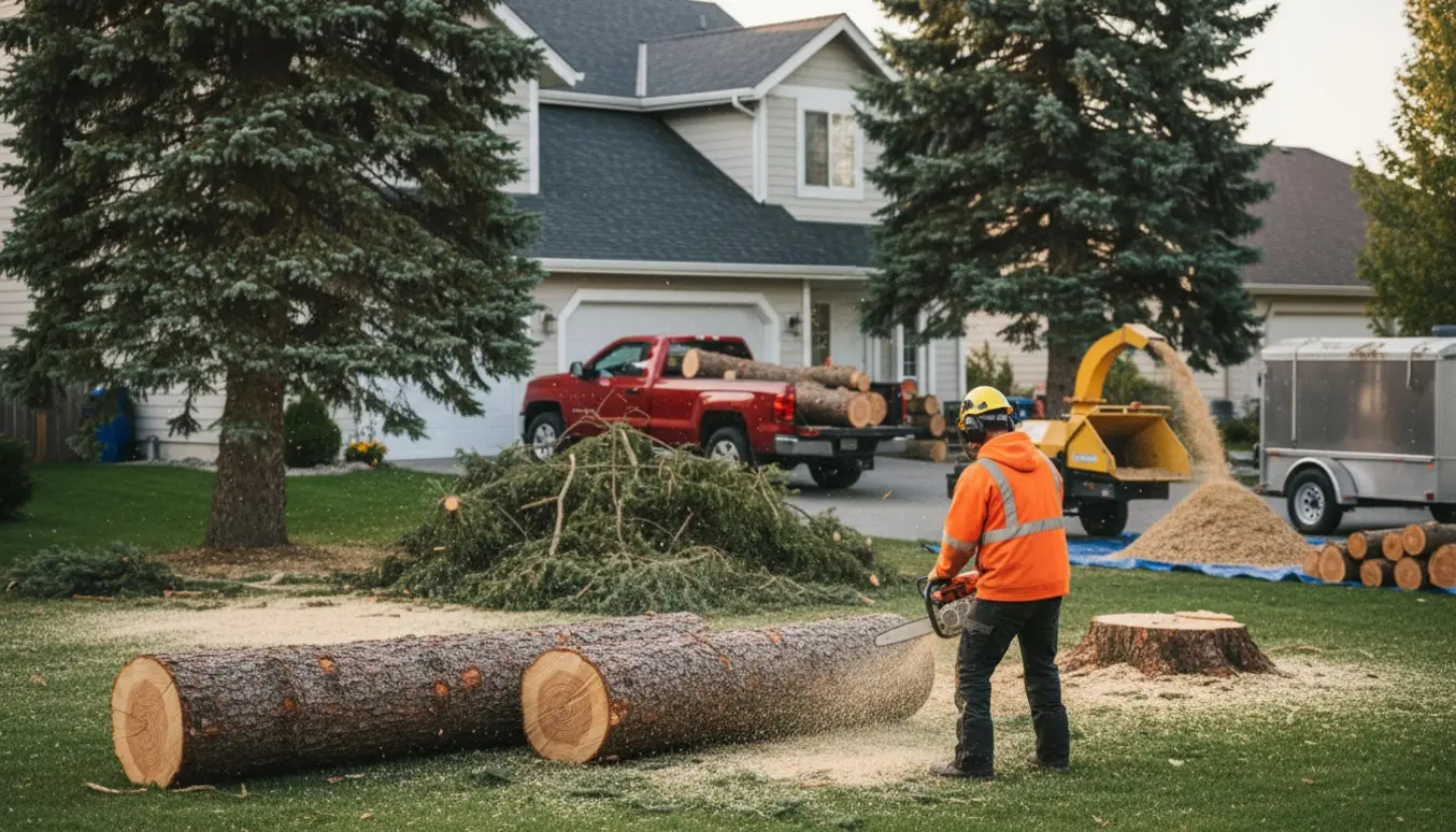 Fældning af fire grantræer tæt på et hus med sav, stammer og flis klar til bortskaffelse.