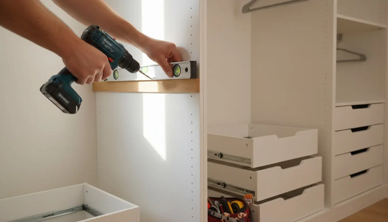 Hænder monterer trælister i et indbygget tøjskab, med skuffer og værktøj klar på gulvet.