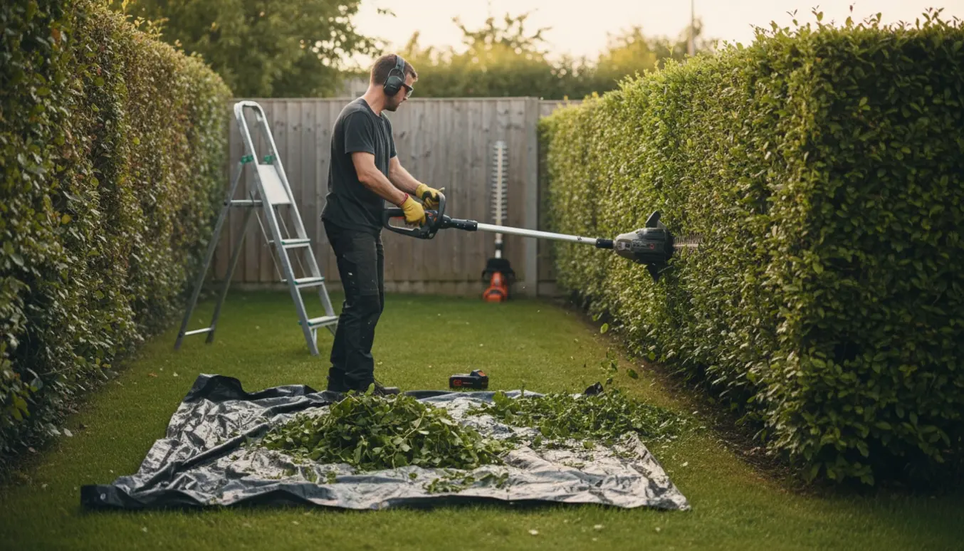 En husejer trimmer en lang hæk med en langtrækkende hækkeklipper, ansigtet er ikke synligt.