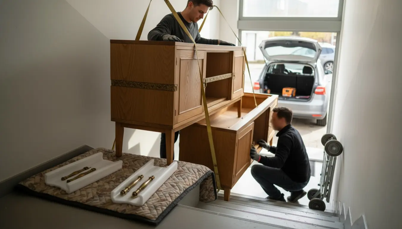 To personer bærer top og bund af en skænk ned ad en trappe mod en åben bil, med flyttetæpper og handsker synlige.