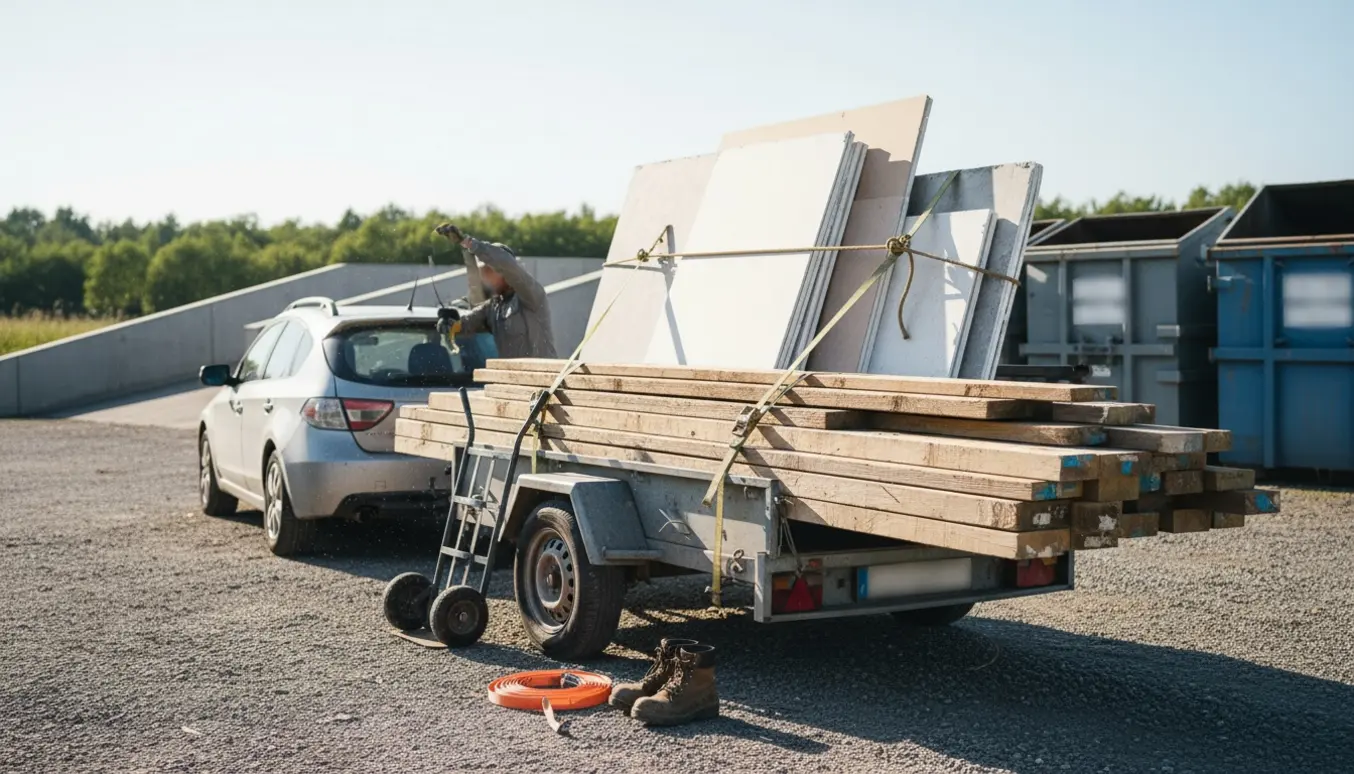 Åben trailer fyldt med træ og gips ved en genbrugsplads, en person løsner stropper uden at vise ansigt.
