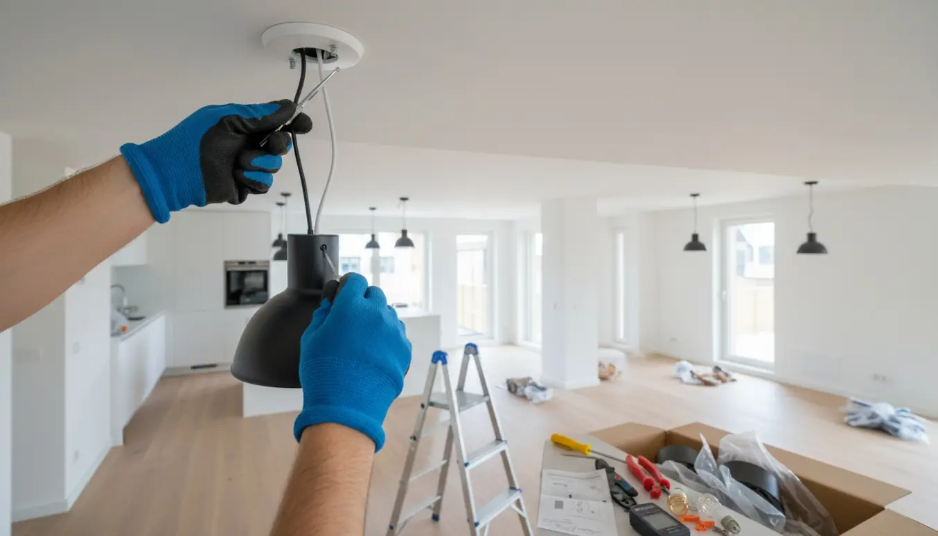 Hænder monterer en loftslampe i en ny lejlighed med værktøj og flere lamper i baggrunden.