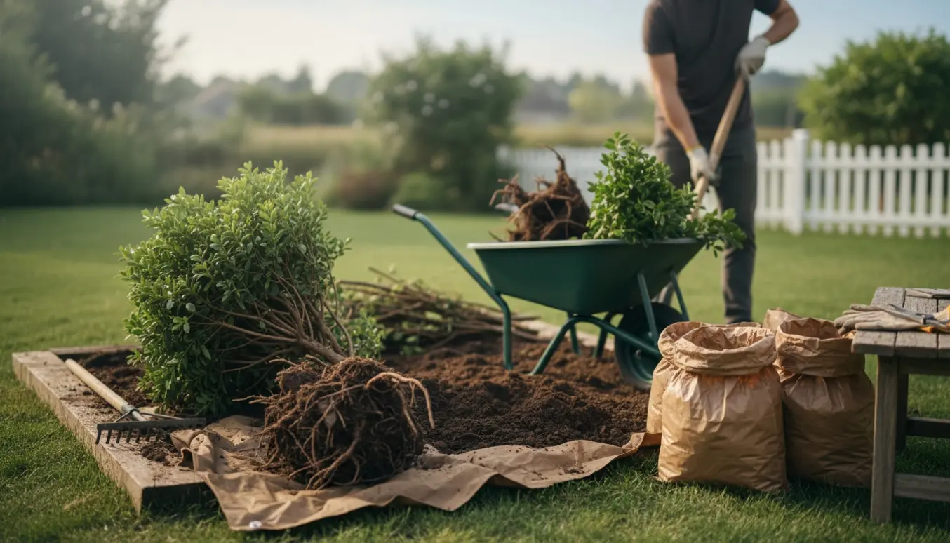 To udgravede buske og haveredskaber ved et ryddet blomsterbed klar til bortskaffelse.