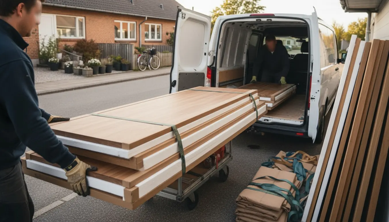 To flyttefolk læsser beskyttede køkkenbordplader på en varevogn uden for et dansk rækkehus.