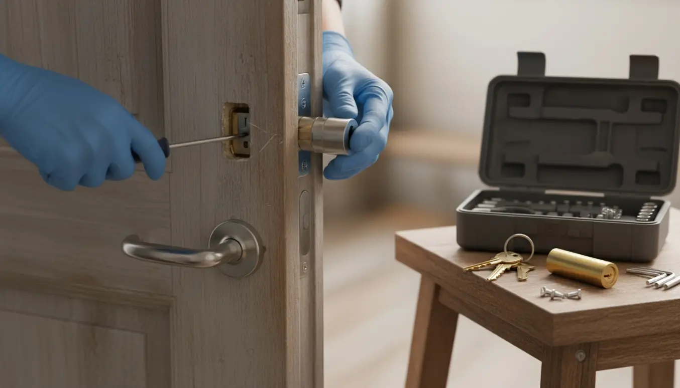 Nærbillede af udskiftning af firkantet Ruko-hoveddørslås med tre nye nøgler i en åben værktøjskasse.