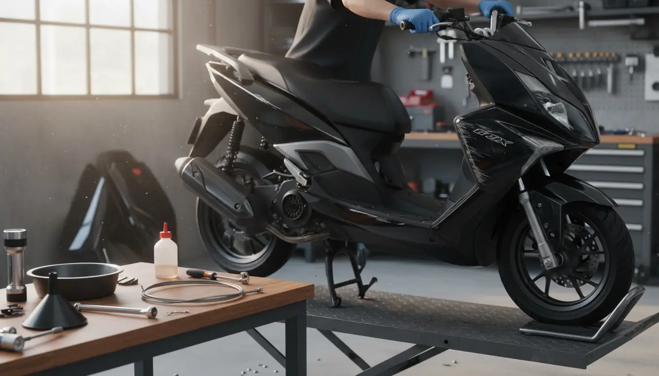 Skadet knallert på værksted med reservedele og værktøj klar til reparation.