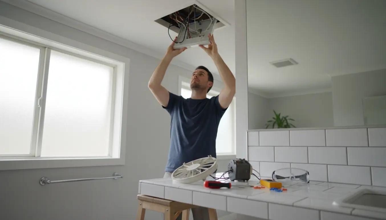 Hænder udskifter en badeværelsesventilator i loftet med værktøj og nyt ventilationsaggregat.