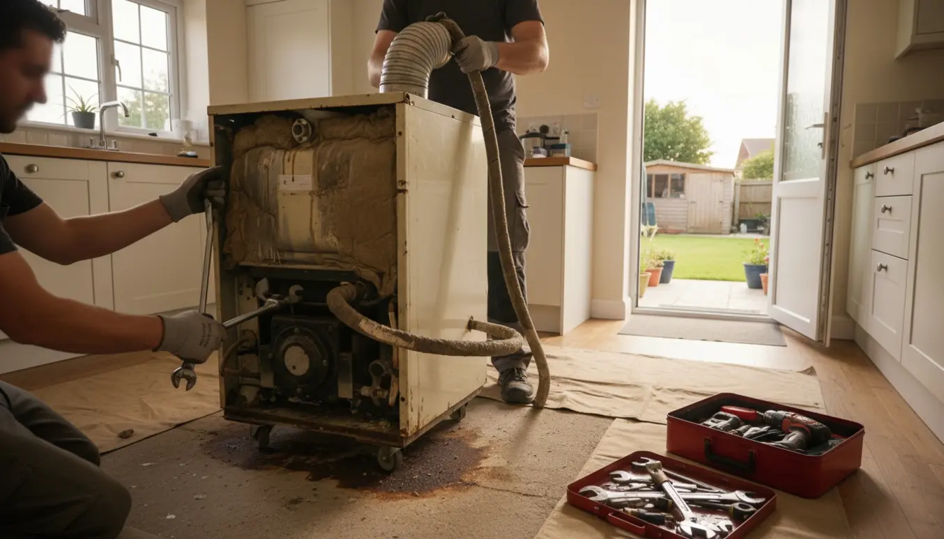 Teknikere afmonterer et oliefyr i et køkken, klar til at blive flyttet ud i en lade.