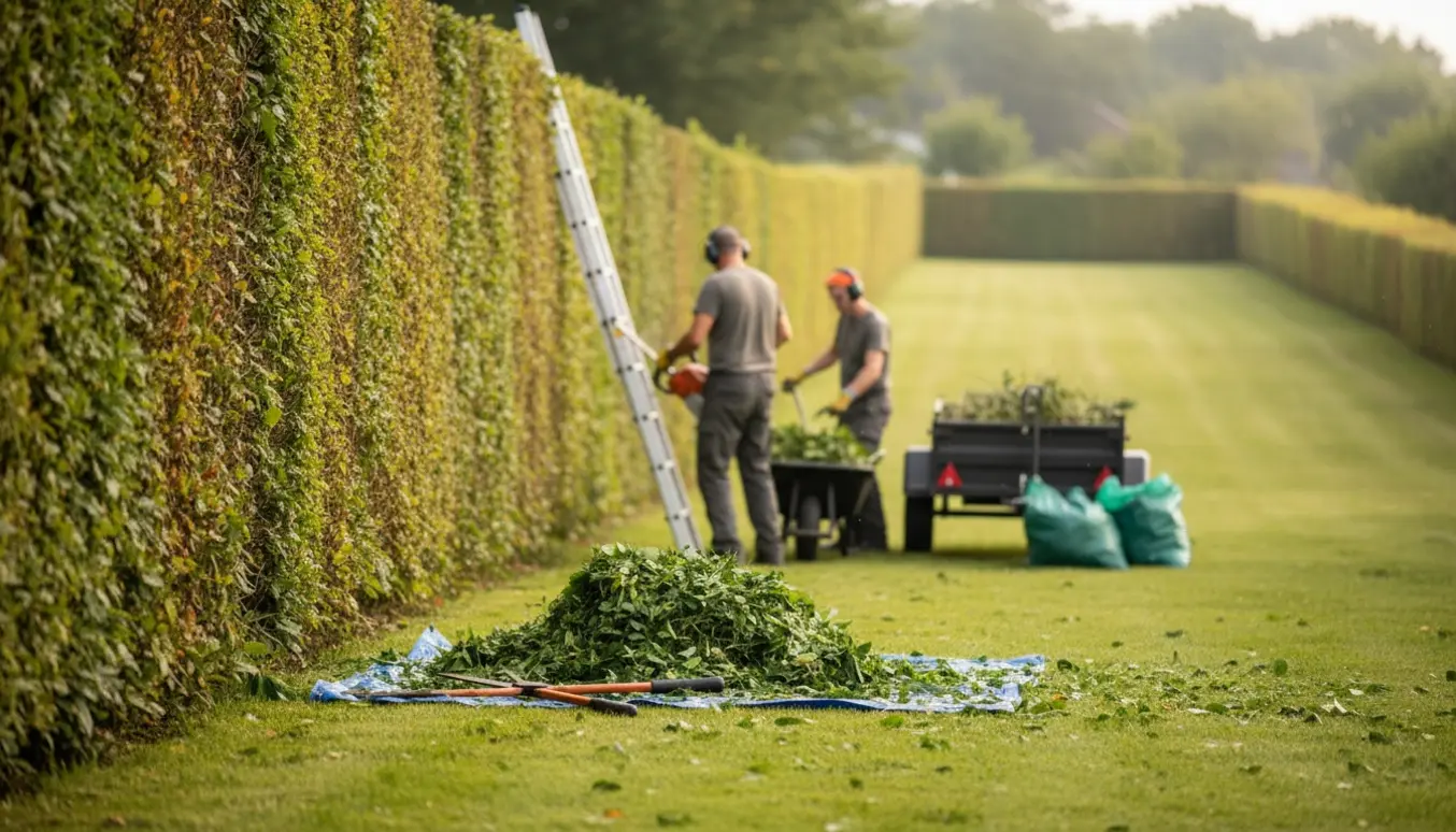 Lang hæk klippes og afklip samles i trillebør og trailer, hækken skråner fra høj ende til lav.