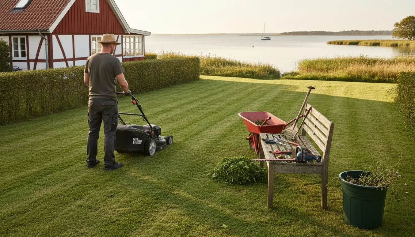 Sommerhusgrund ved Præstø Fjord med nyslået græs, haveredskaber og nyskårne hækker i fokus.
