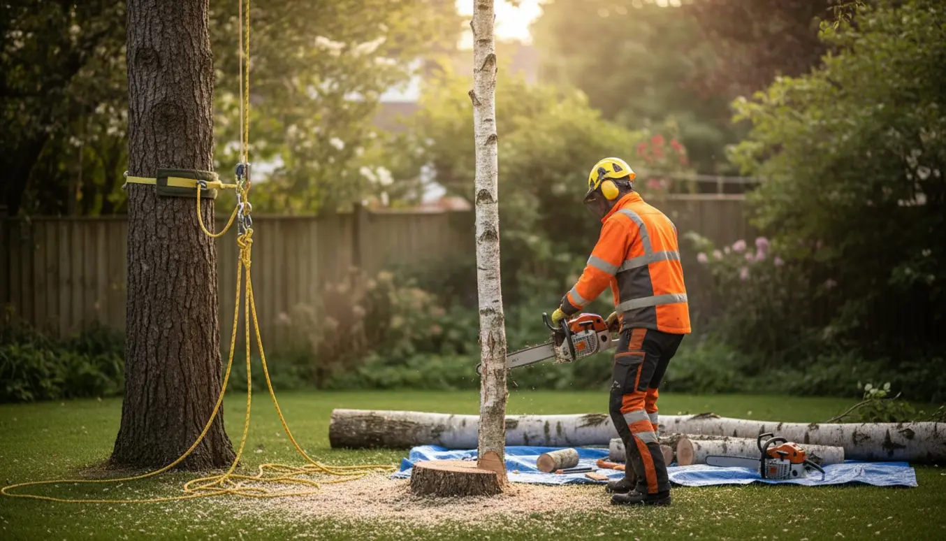 En arbejder fælder et ca. 6 m birketræ og et omkring 13 m højt træ med motorsav og sikkerhedsudstyr i en baghave.
