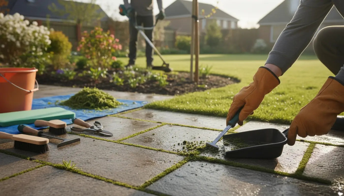 Nærbillede af fjernelse af mos mellem fliser og kantklipning langs buske og træ i en velplejet have.