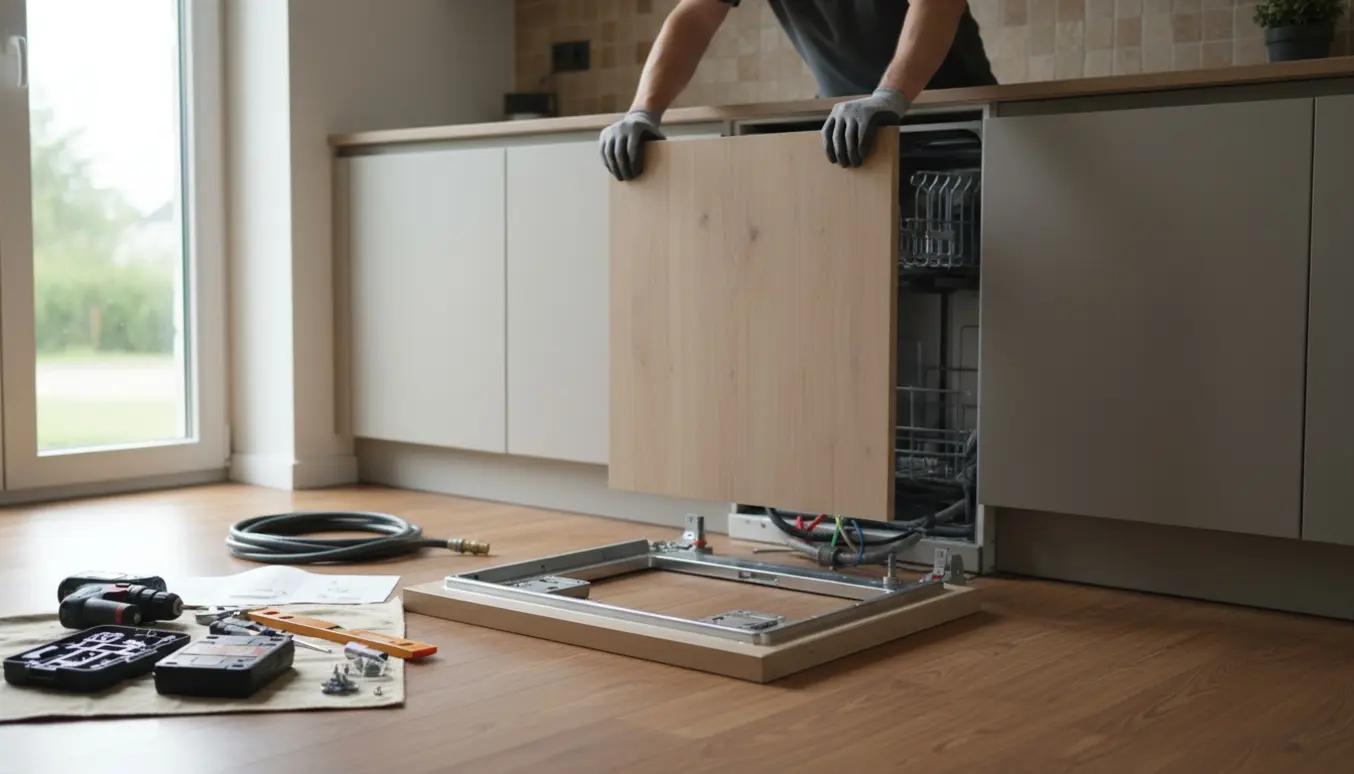 En tekniker monterer frontlågen på en integreret opvaskemaskine i et lyst, moderne køkken.