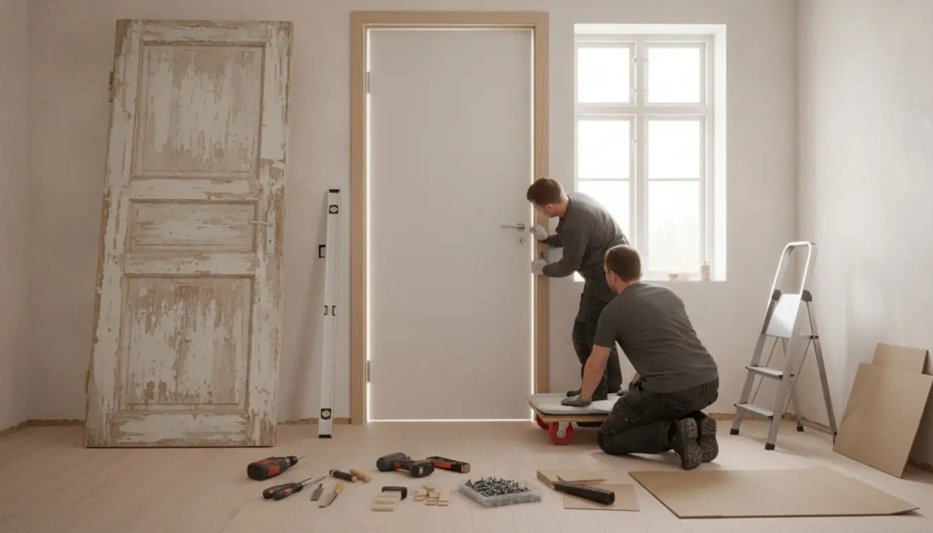 Ny hvid dør er delvist monteret i en entré, mens den gamle ridset dør står klar til aftransportering.
