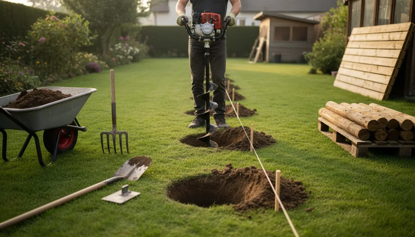 Nærbillede af gravede pælehuller i en have med pælebor, skovl, jord og træpæle klar til et plankeværk.