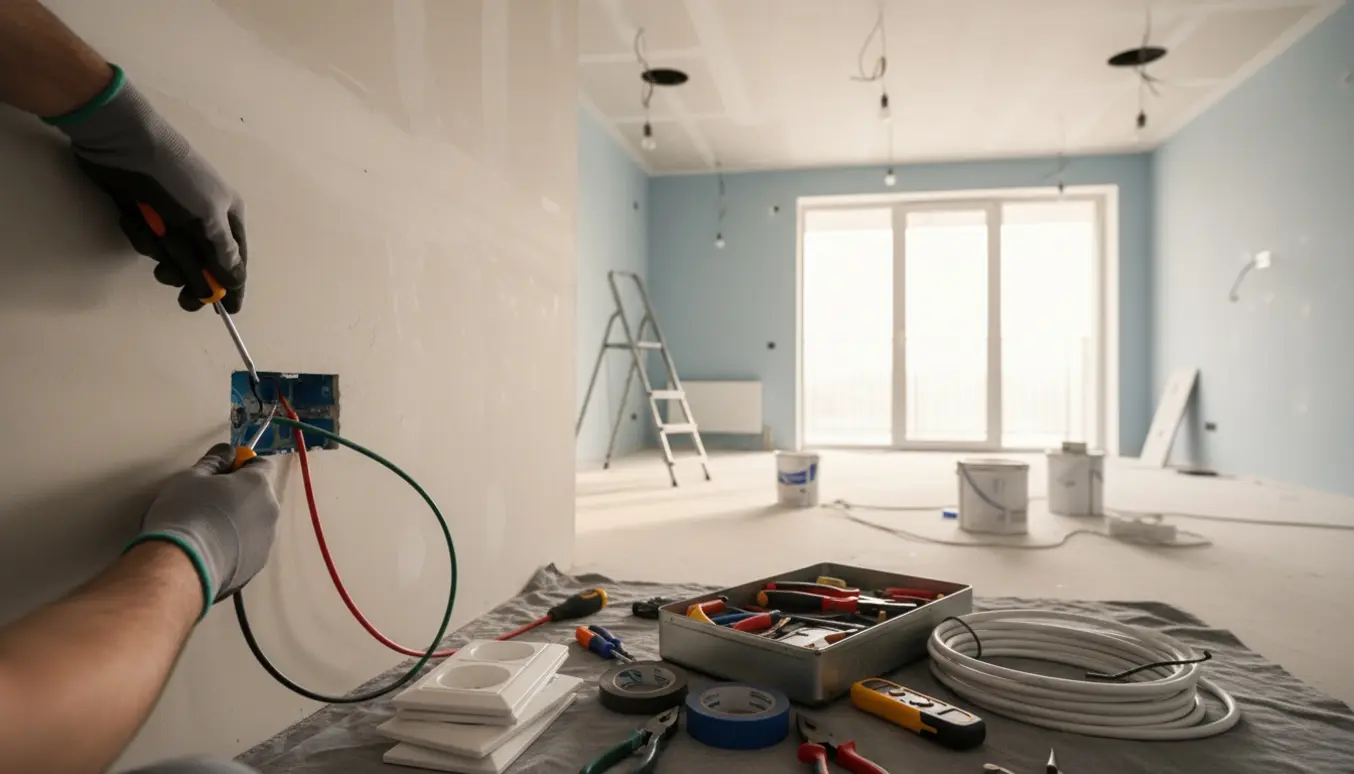 Nærbillede af elektrikerhænder, der monterer en stikkontakt i en lejlighed under renovering.