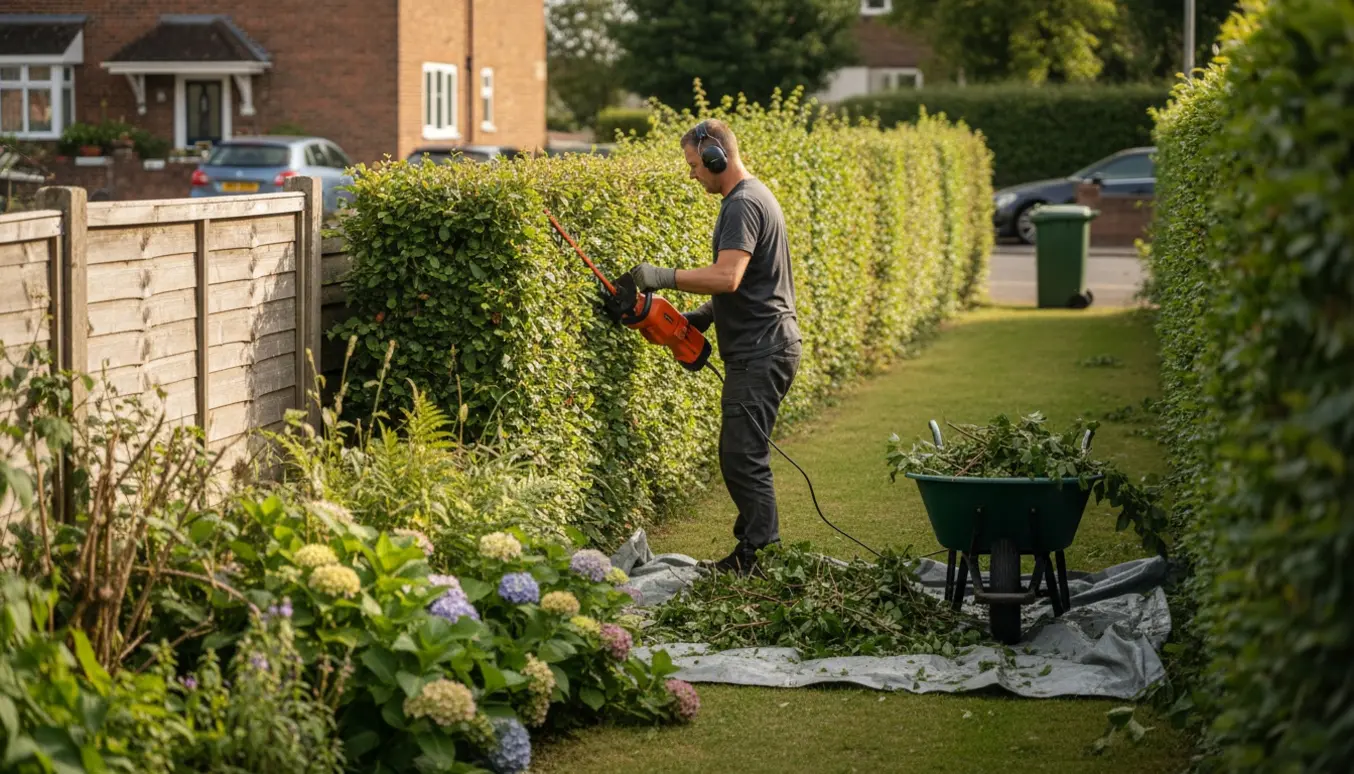 En person trimmer en ca. 20 m bøgehæk bag et plankeværk med bunker af afklip og en container til haveaffald i baggrunden.