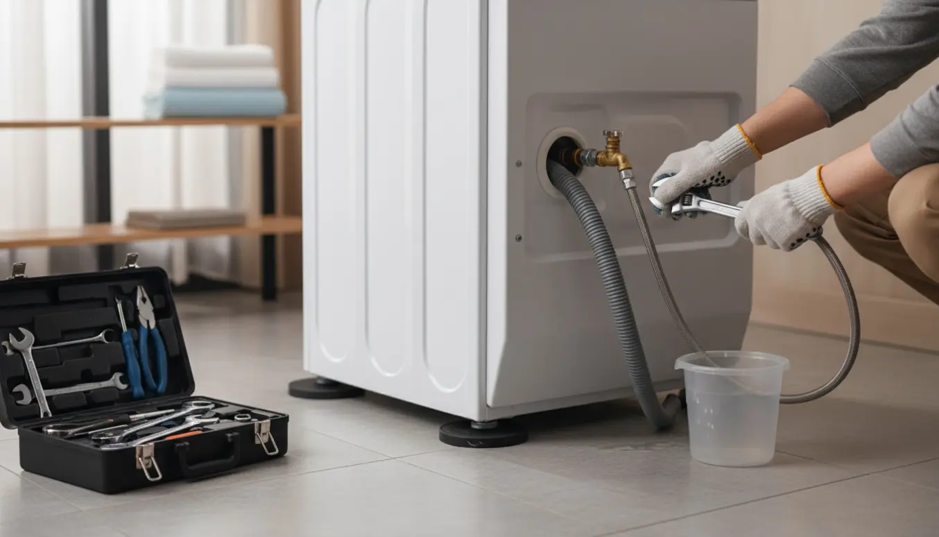 Hænder tilslutter vand- og afløbsslanger til en vaskemaskine i en lejlighed.