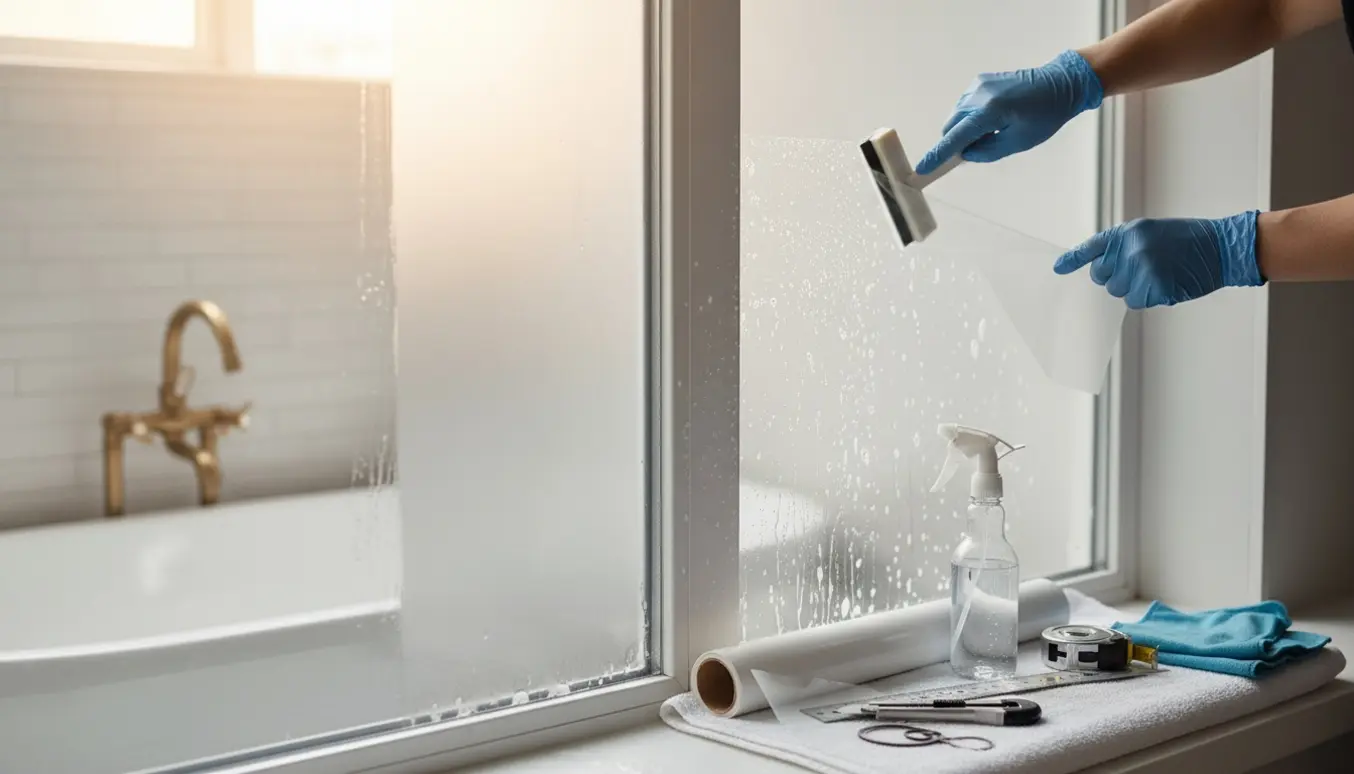 Nærbillede af påføring af matterende folie på to smalle baderumsvinduer med squeegee og værktøj på vindueskarmen.