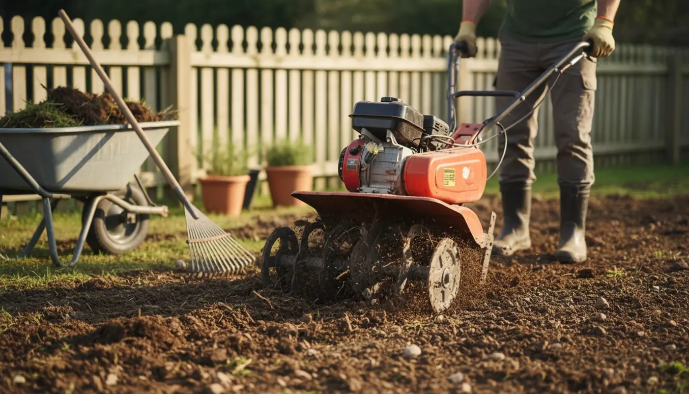 En havefræser løsner og vender jord i haven, med synlige rødder og oprevne jordklumper.