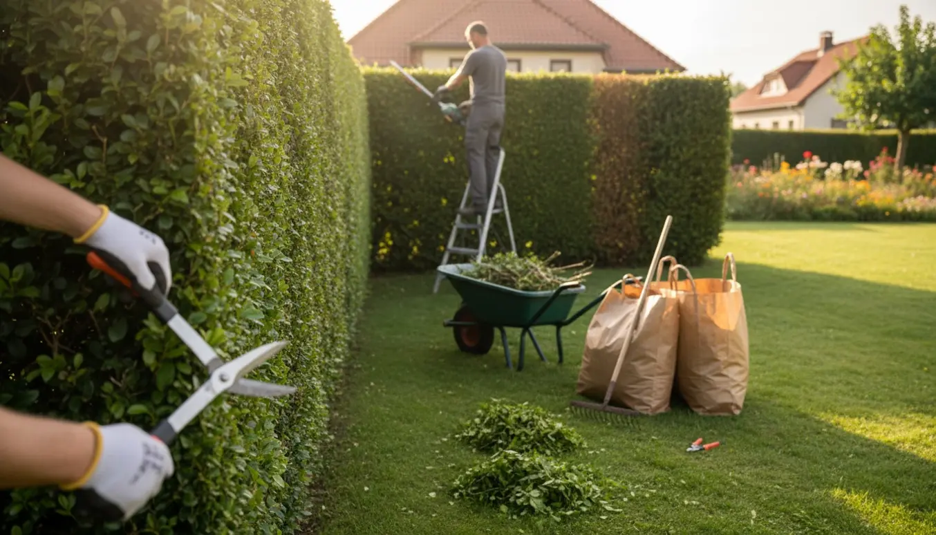To personer trimmer hækens inderside og yderside, afklip samles i en trillebør.