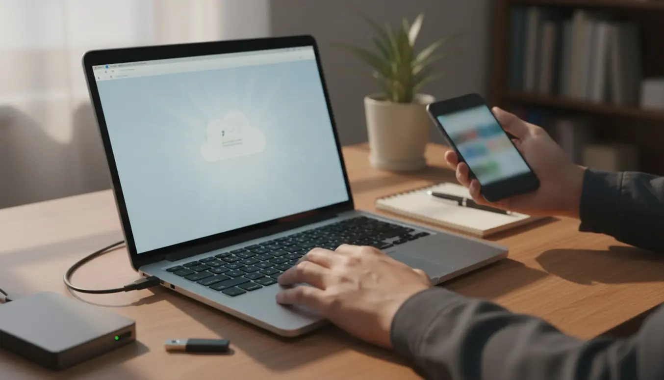 Hænder ved en bærbar med sløret e‑mailprogram og et diskret cloud-ikon, smartphone og backup-drev på et skrivebord.