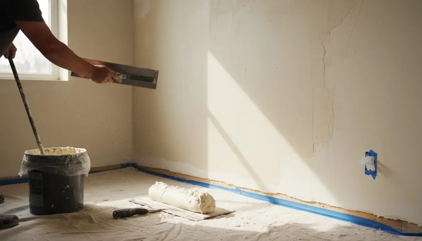 Nærbillede af hænder og værktøj, der fuldspartler en væg i et lille værelse.
