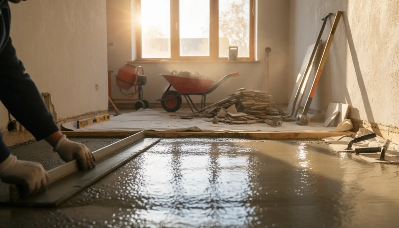 Våd beton udglattes i to sammenhængende rum efter at det gamle gulv er fjernet.