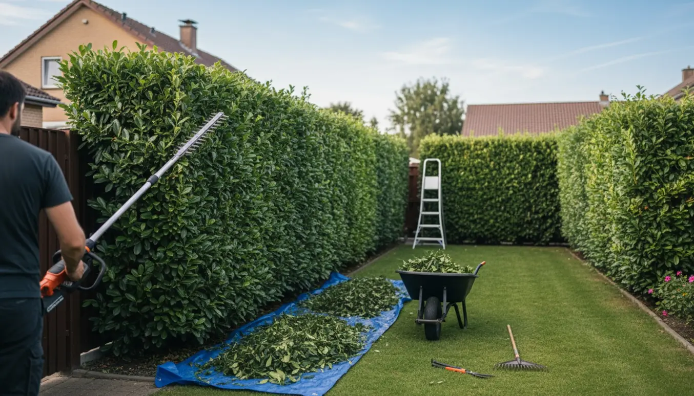 En person trimmer en lang hæk langs tre sider af en villahave med en stangsaks, og afklip samlet på græsset.