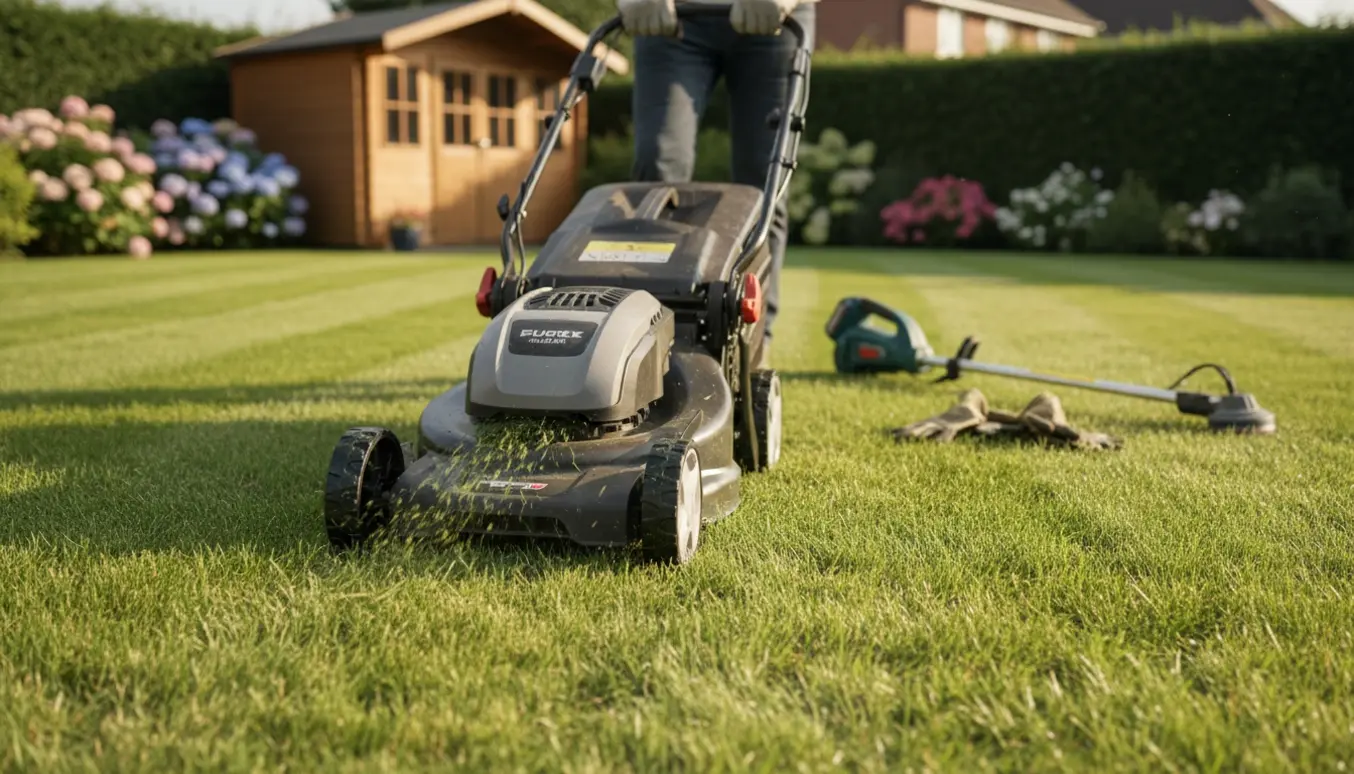 En moderne plæneklipper skærer frisk græs i en velplejet baghave, hænder på håndtaget uden synligt ansigt.
