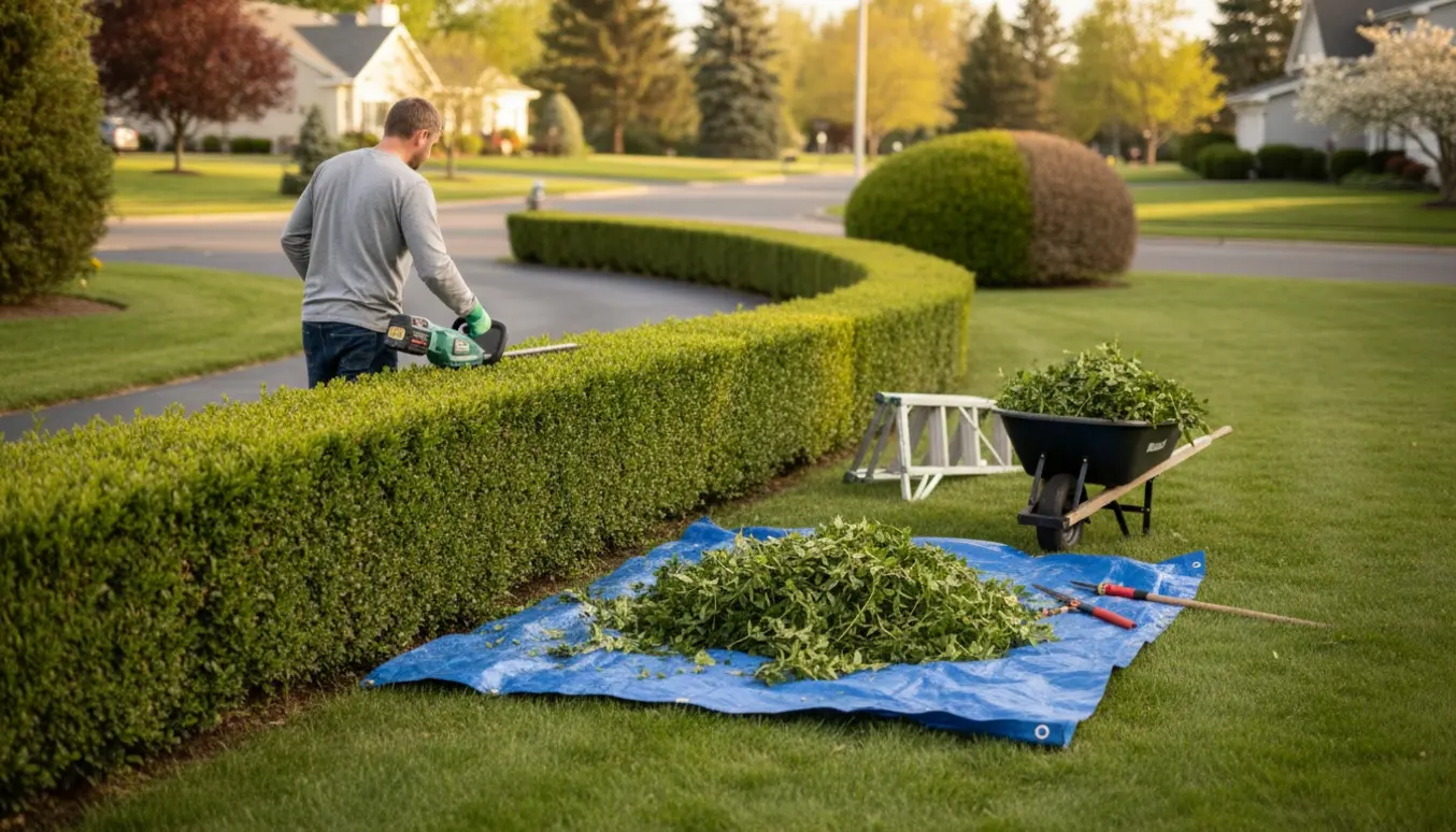 Ryggen af en person, der trimmer en lang hæk langs en indkørsel med hækklipper og bunker af afklippede grene.