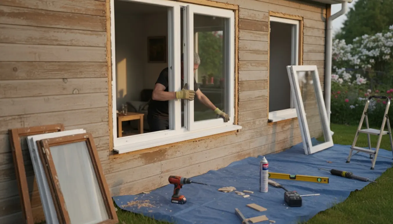 Udskiftning af vinduer i stueetagen med hvide rammer og håndværktøj i fokus.