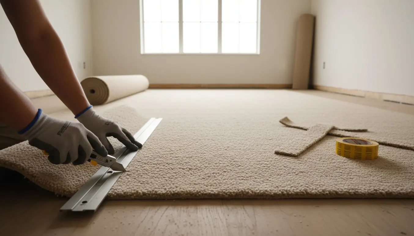 Nyt gulvtæppe lægges i et midterstort rum, kanten skæres til med hobbykniv.