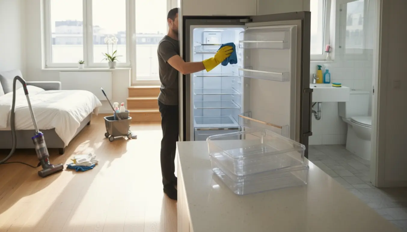 Person tørrer køleskab af i en solrig lejlighed med rengøringsudstyr og trapper synlige i baggrunden.