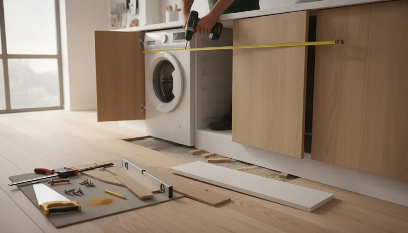 Tømrer retter en skæv køkkensokkel ved vaskemaskinen med målebånd og værktøj.